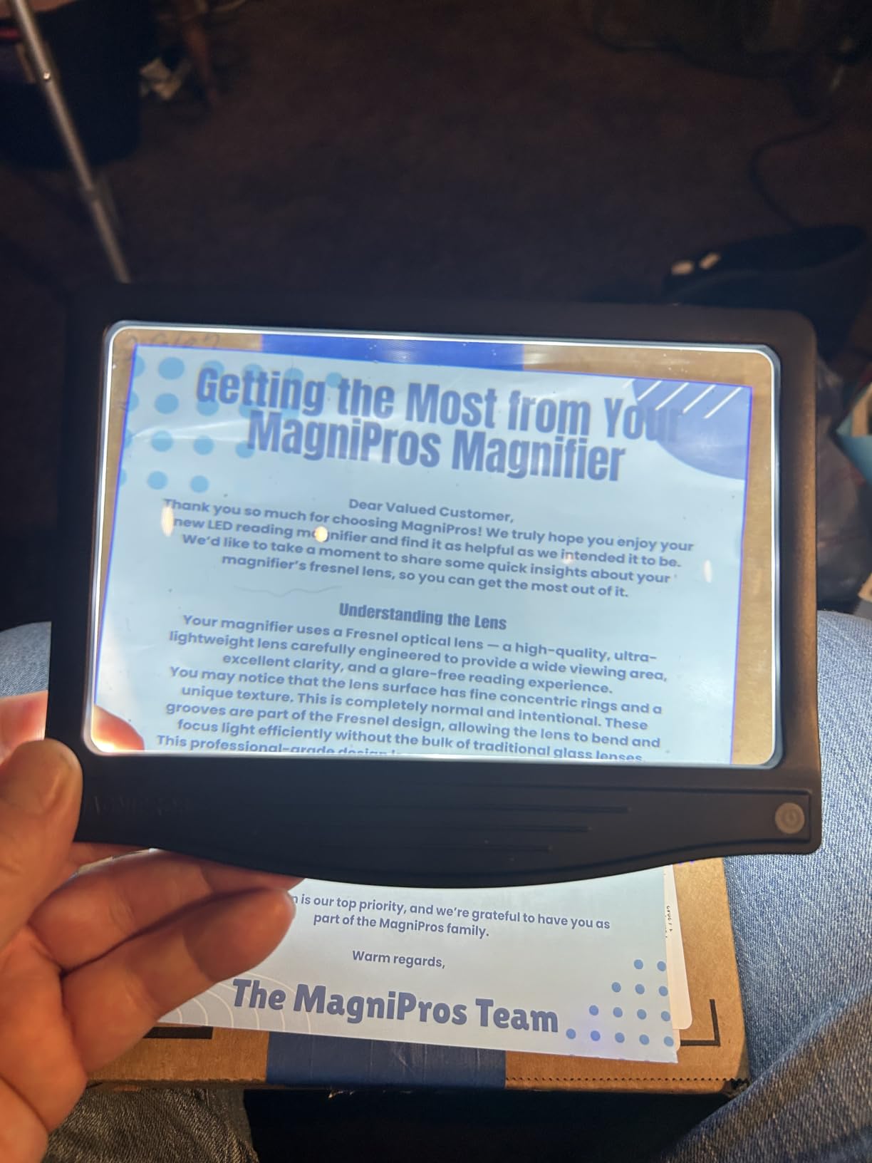 MagniPros 5X Rechargeable Large Ultra Bright LED Page Magnifier with Anti-Glare Lens & 3 Color Dimmable Light Modes, Relieve Eye Strain- Ideal for Reading Small Prints, Low Vision, Seniors customer photo 1