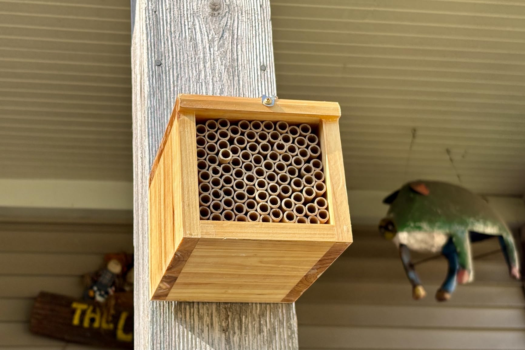 Mason Bee House - Wax Coated Bee Hotel for the Garden, Natural Handmade Wooden Bee Home, Mason Bee Home for Outdoors, Attracts Peaceful Bee Pollinators to Your Garden customer photo 1