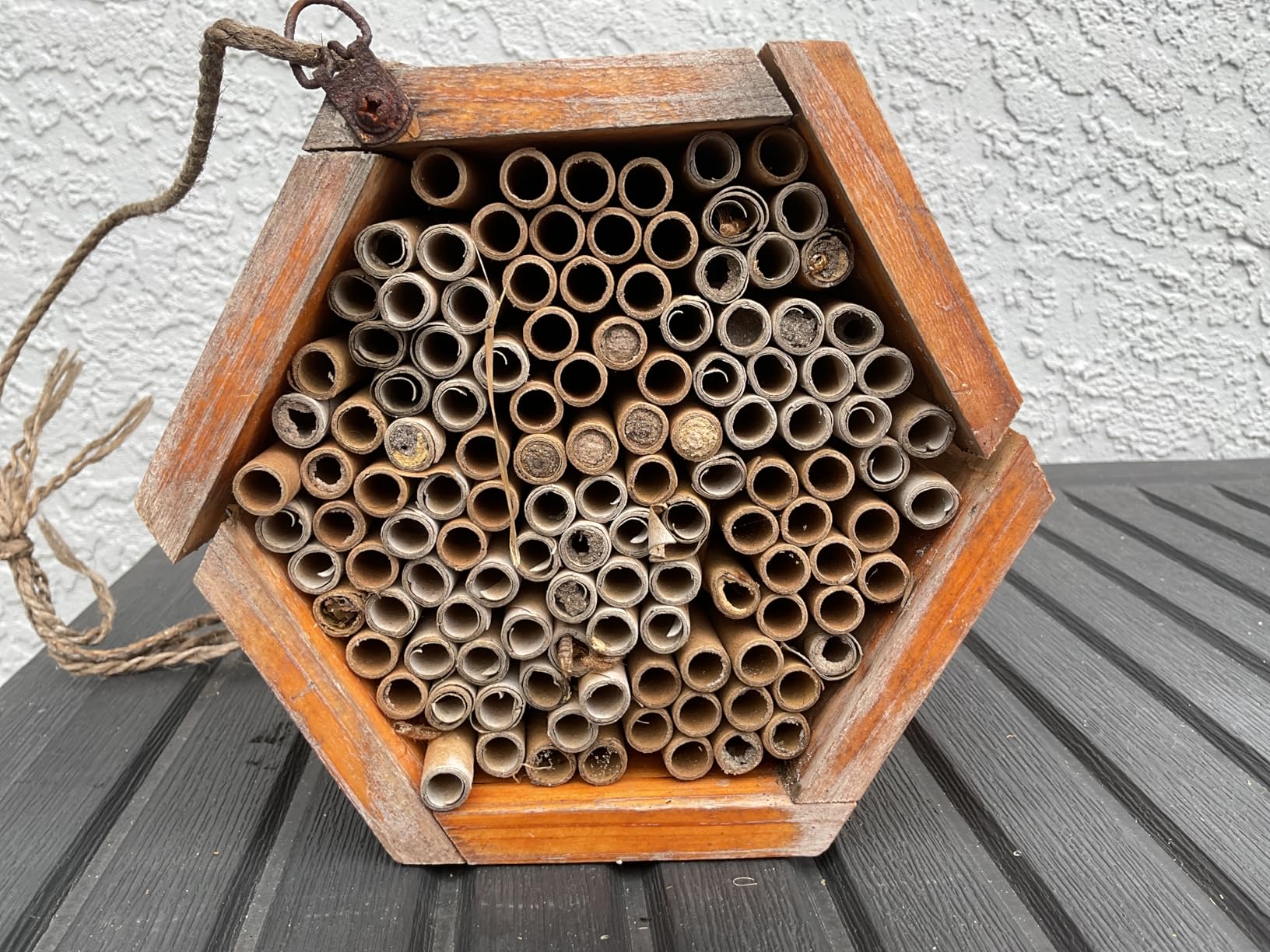 Mason Bee House - Handmade Natural Wooden Bee Hive Coated with Wax for Water-Proof and Long Service Life - Attracts Peaceful Bee Pollinators to Your Garden customer photo 1