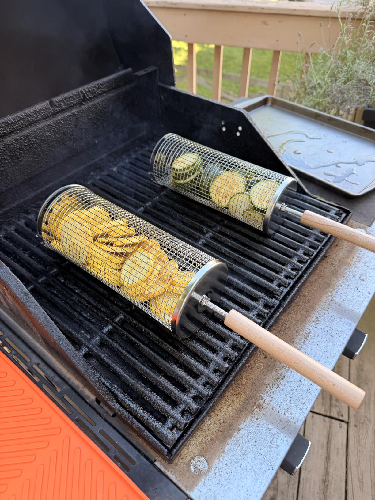 ivtivfu Rolling Grill Basket, Removable Wooden Handle, 304 Stainless Steel Smoker Grilling Accessories for Outdoor Cooking Camping customer photo 2