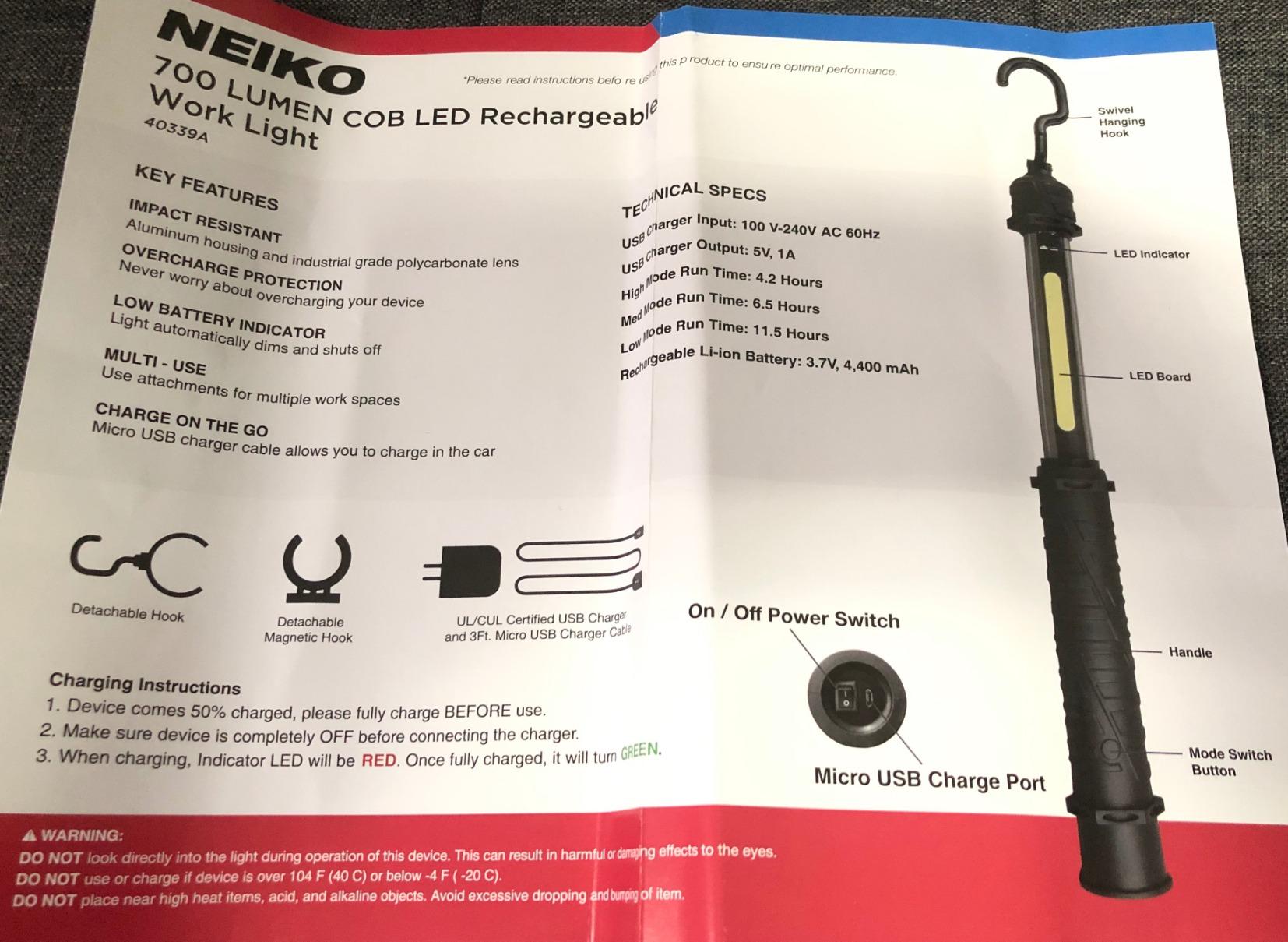 NEIKO 40339A Cordless COB LED Work Light with Rechargeable 4,400-mAh Li-ion Battery, Up to 11.5 Hours of Run Time, and Max Brightness of 1000 Lumens, Black customer photo 2