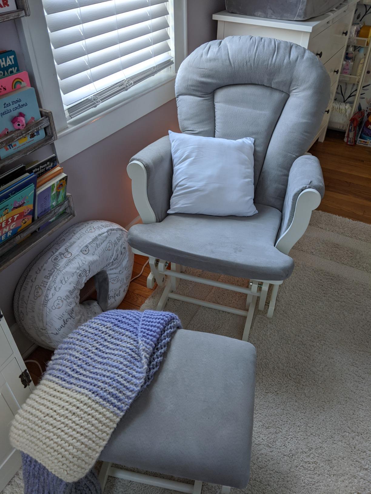 Child Craft Cozy Glider Rocker and Ottoman Set, Smooth Quiet Gliding Motion, Padded Cushion with Convenient Storage Pockets, Solid Wood Base & Frame (Matte White with Light Gray Cushion) customer photo 2