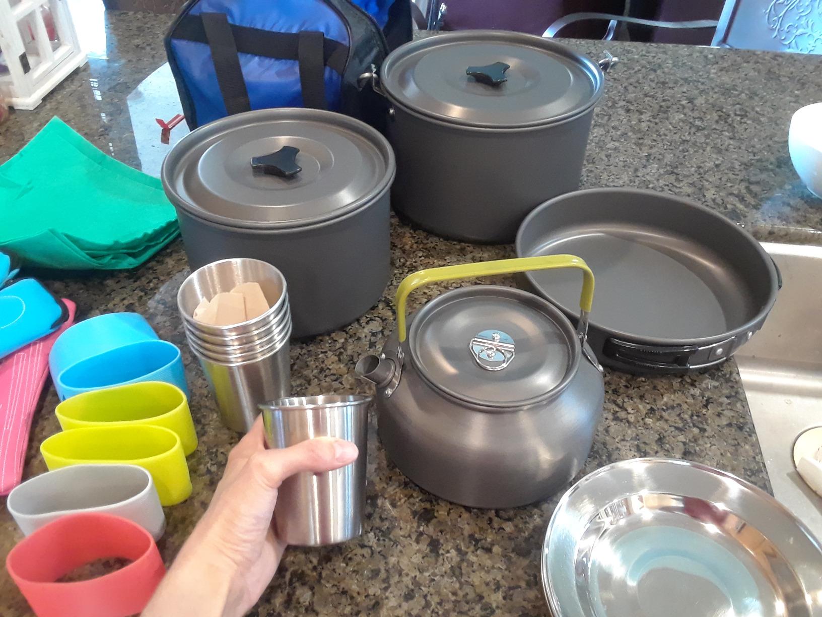 Odoland 39pcs Camping Cookware Mess Kit, Non-Stick Large Size Hanging Pot Pan Kettle with Base Dinner Cutlery Sets for 6 and More, Cups Dishes Forks Spoons Kit for Outdoor Camping Hiking Picnic customer photo 1