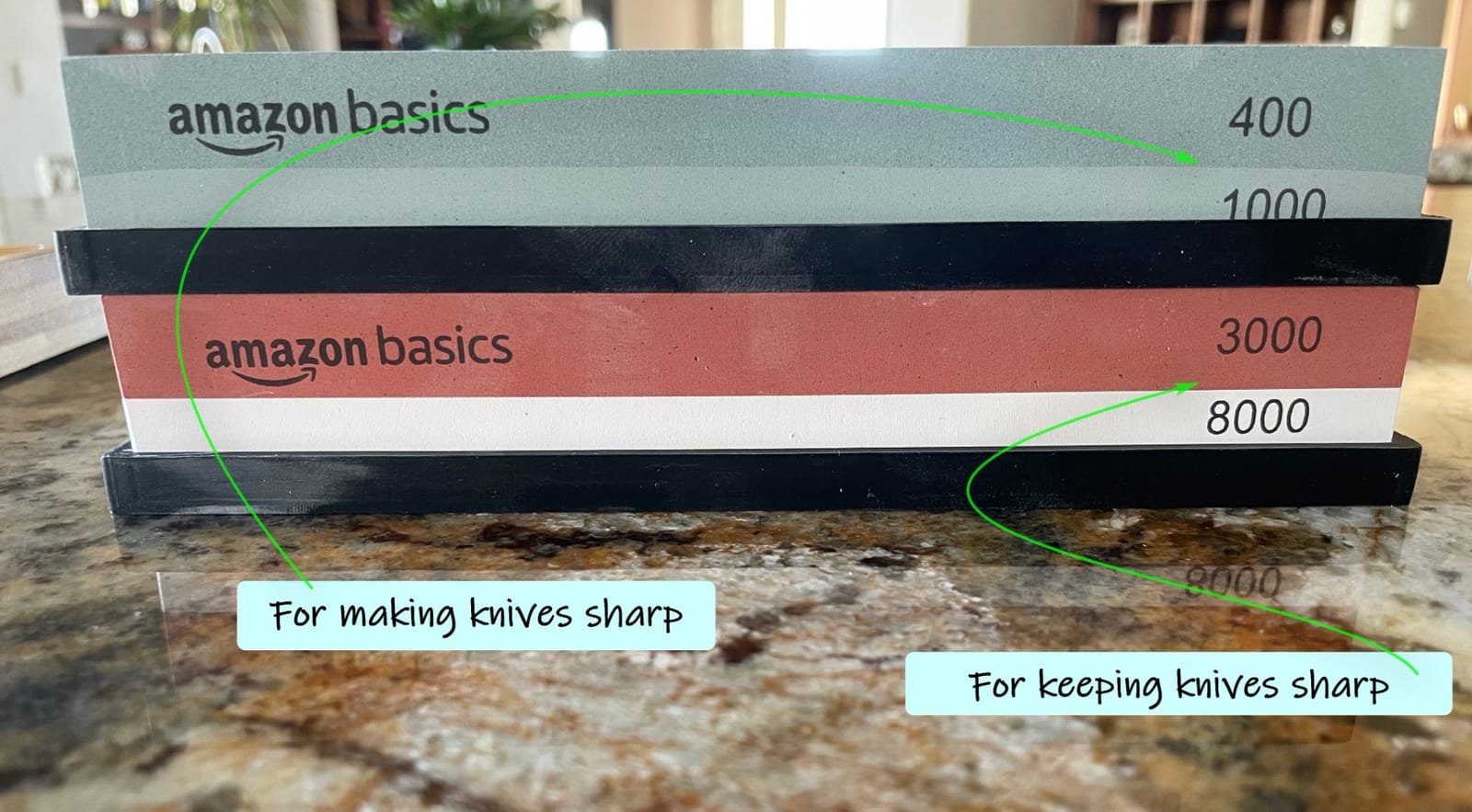 Amazon Basics Whetstone Knife Sharpening Stone Set, Double-sided 400/1000 and 3000/8000 Grit Stones, Flattening Stone with Angle Guide, Non-Slip Bamboo Base, 3 Count, Black & Grey customer photo 2