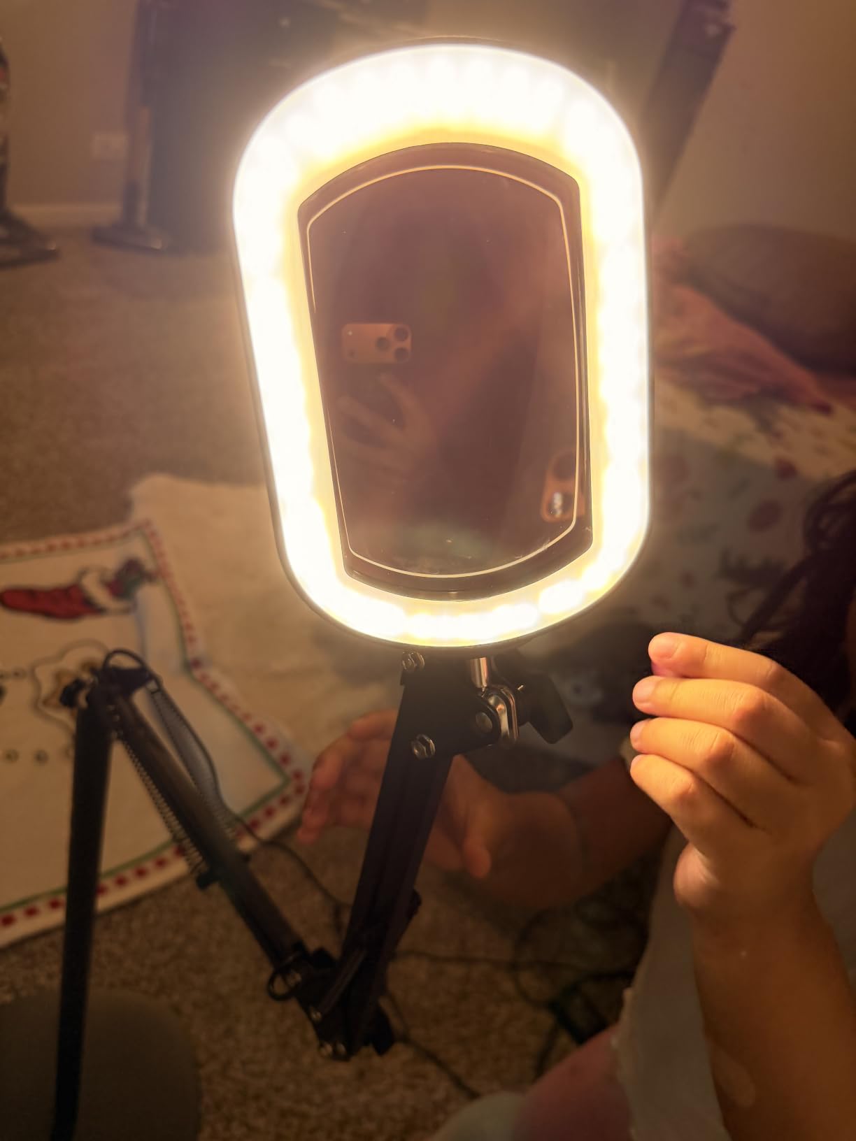 IVMAIE 12X Magnifying Glass with Light and Stand, Real Glass Lens, 5 Color Modes LED Dimmable Lighted, 3-in-1 Floor Lamp with Clamp, Hands Free Magnifier for Reading, Craft Painting Close Work, Black customer photo 1